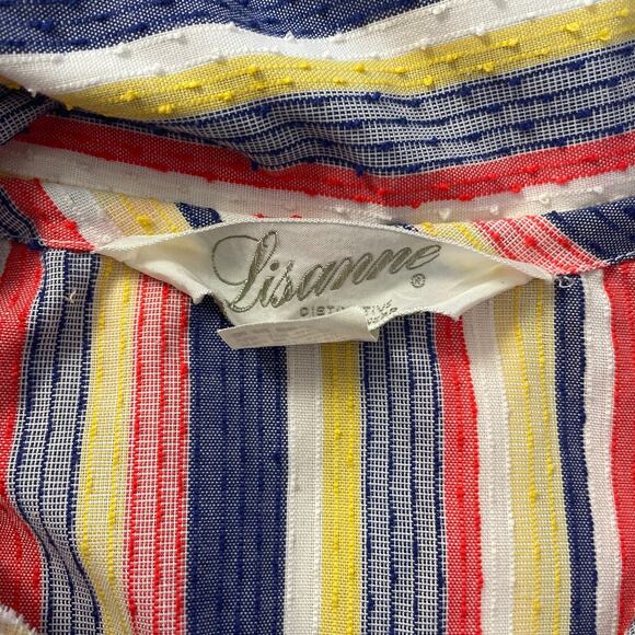 Vintage Smock Dress Size Large Red Blue Stripe Seersucker Zip Casual Retro 70s - Picture 11 of 16